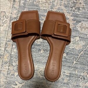 Gianni Bini Brown Leather Sandals with Square Buckle